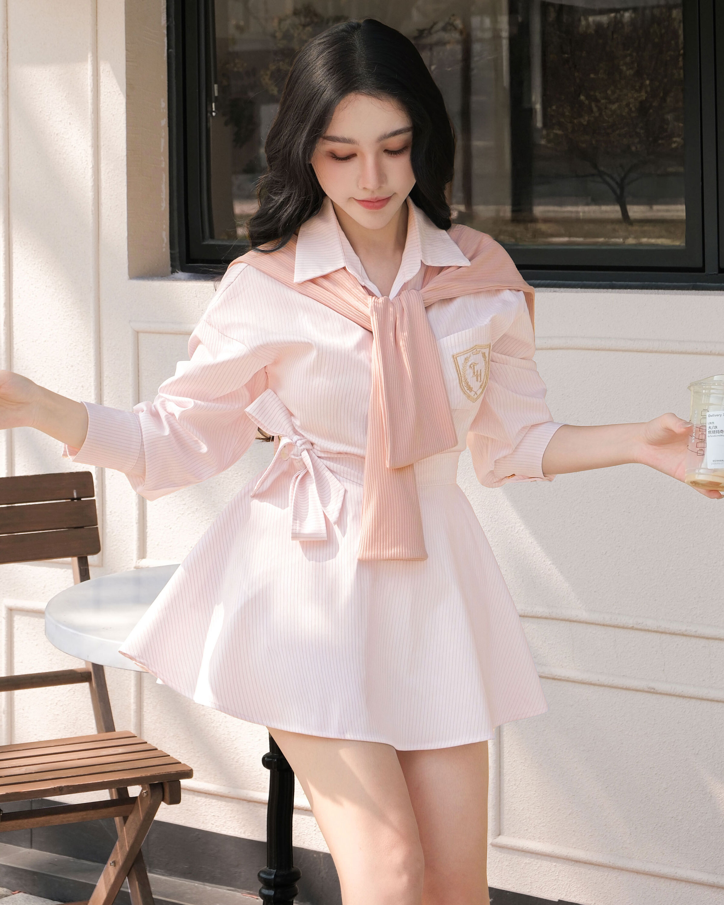 限量-休閒學院風條紋披肩襯衫套裝