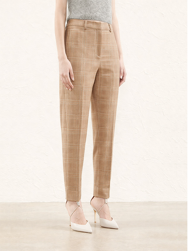 PESERICO 腰頭拼接格紋長褲(卡其)