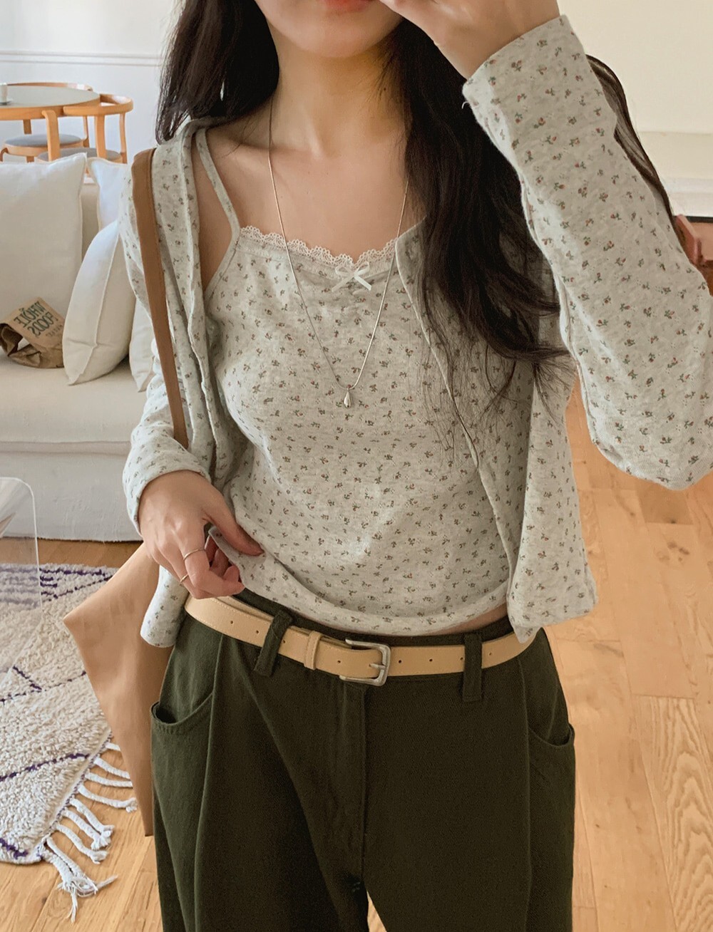 韓國grace muse授權 慵懶浪漫碎花蕾絲純棉背心+外衫SET