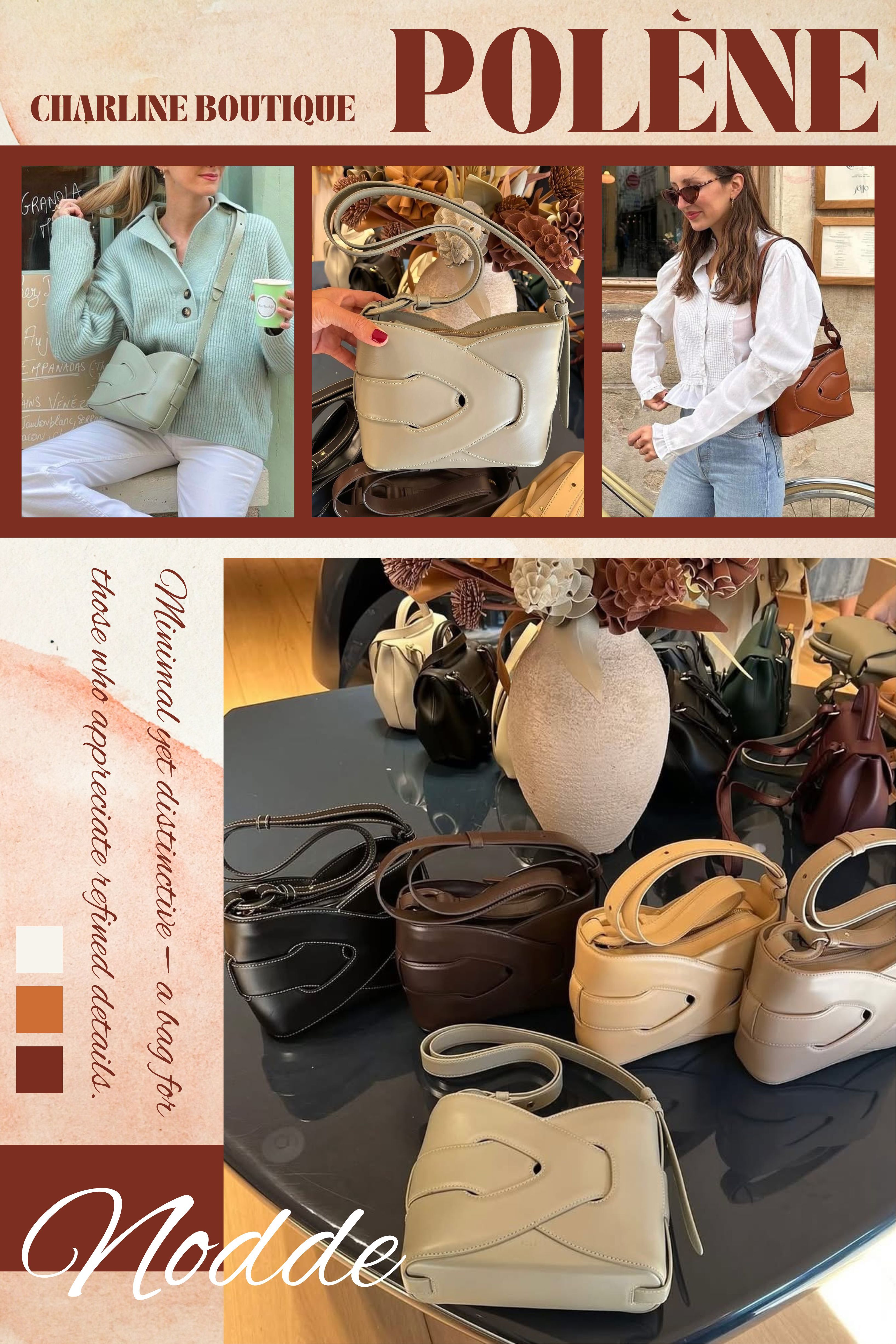 3️⃣ Nodde   低調卻非常有設計感，懂的人都會愛 Nodde 是 Polène 裡最有“設計師包款氣質”的選手。它有雕塑感但不浮誇，看似安靜，實際上非常有型。 背起來肩線漂亮、比例好，又不容易撞款。越看越有味道，是那種會默默變成心頭好的包。