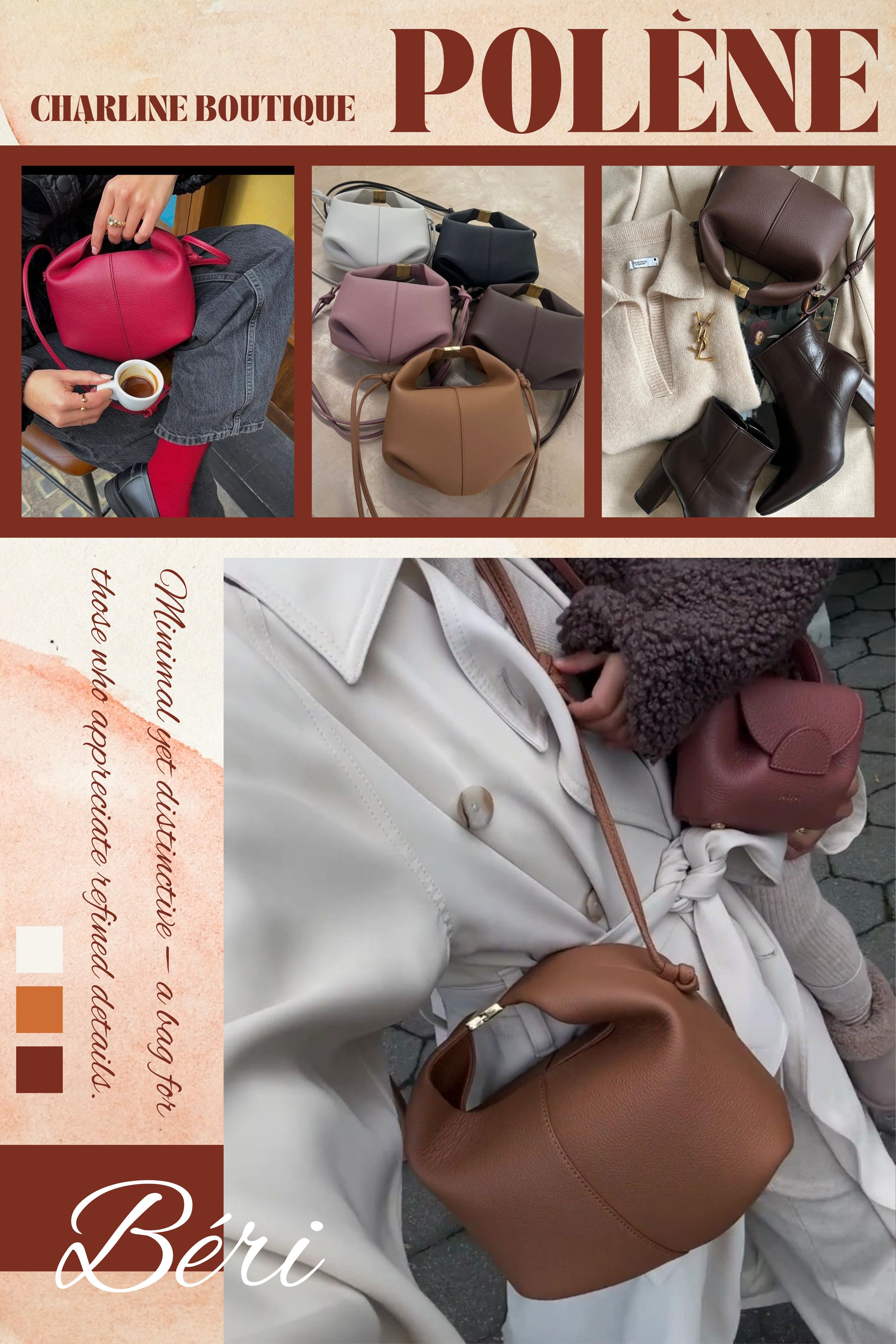 4️⃣ Béri   輕盈到驚訝的小手提，隨手一拎就好看的那種 Béri 是小編覺得 Polène 裡最被低估的款！它的外型乾淨，立體度剛剛好，最迷人的是 —— 超輕！真的超輕！ 作為日常手提、小小外出包非常合適，不管穿休閒或正式都能搭。