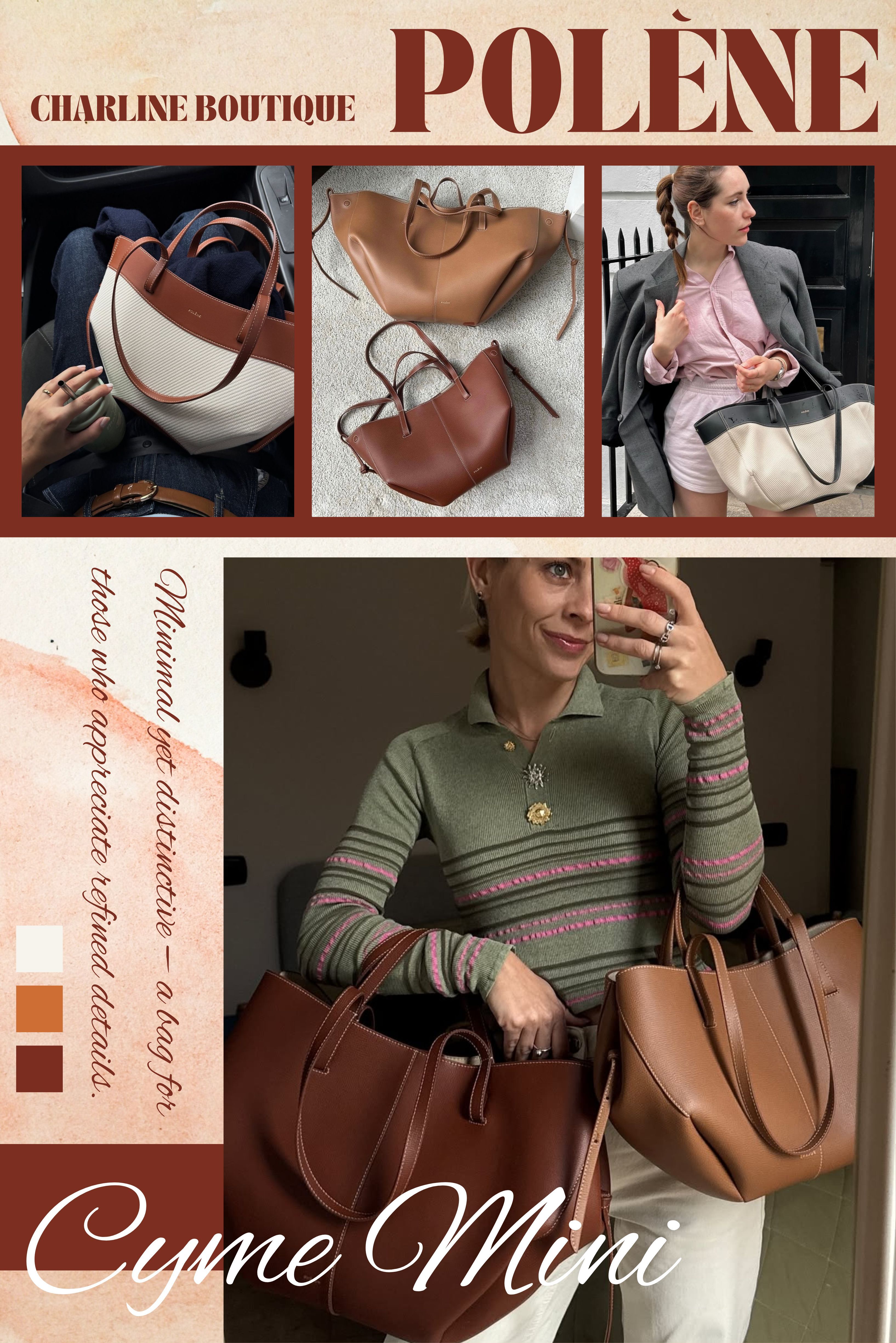 5️⃣ Cyme Mini  法式慵懶氣質的完美比例包 Cyme Mini 是想入手 Cyme 系列但又怕太大的客人完美選擇。它保留 Cyme 最迷人的弧線，又因為尺寸縮小，多了一點俐落感。 容量剛好、造型柔和、日常搭配超順。背起來就是那種：「今天這套很輕鬆、但很好看」的效果。