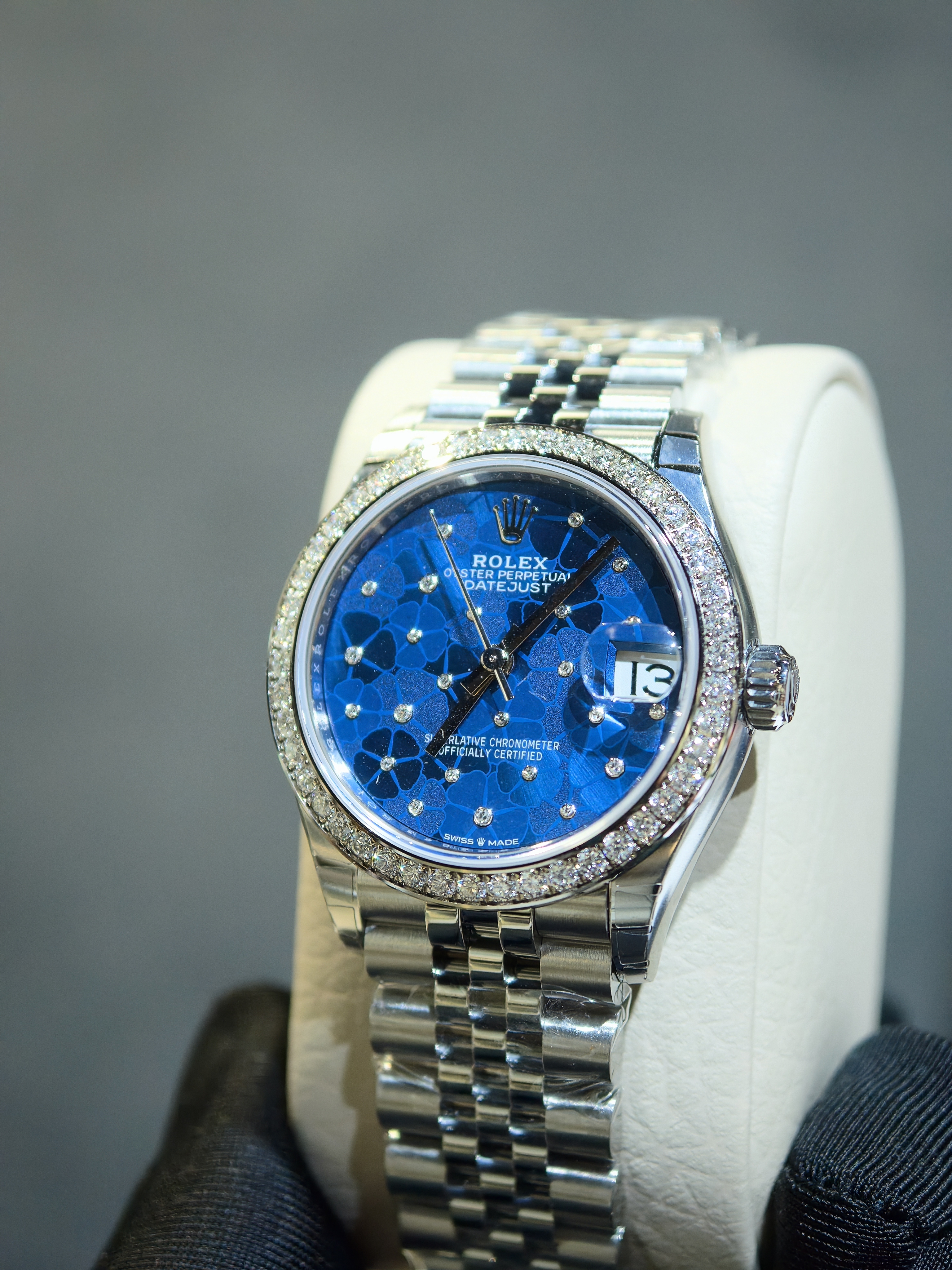 停產全新勞力士278384 278384rbr 藍色花朵面鑲鑽白金鋼DATEJUST 31毫米珠帶腕錶