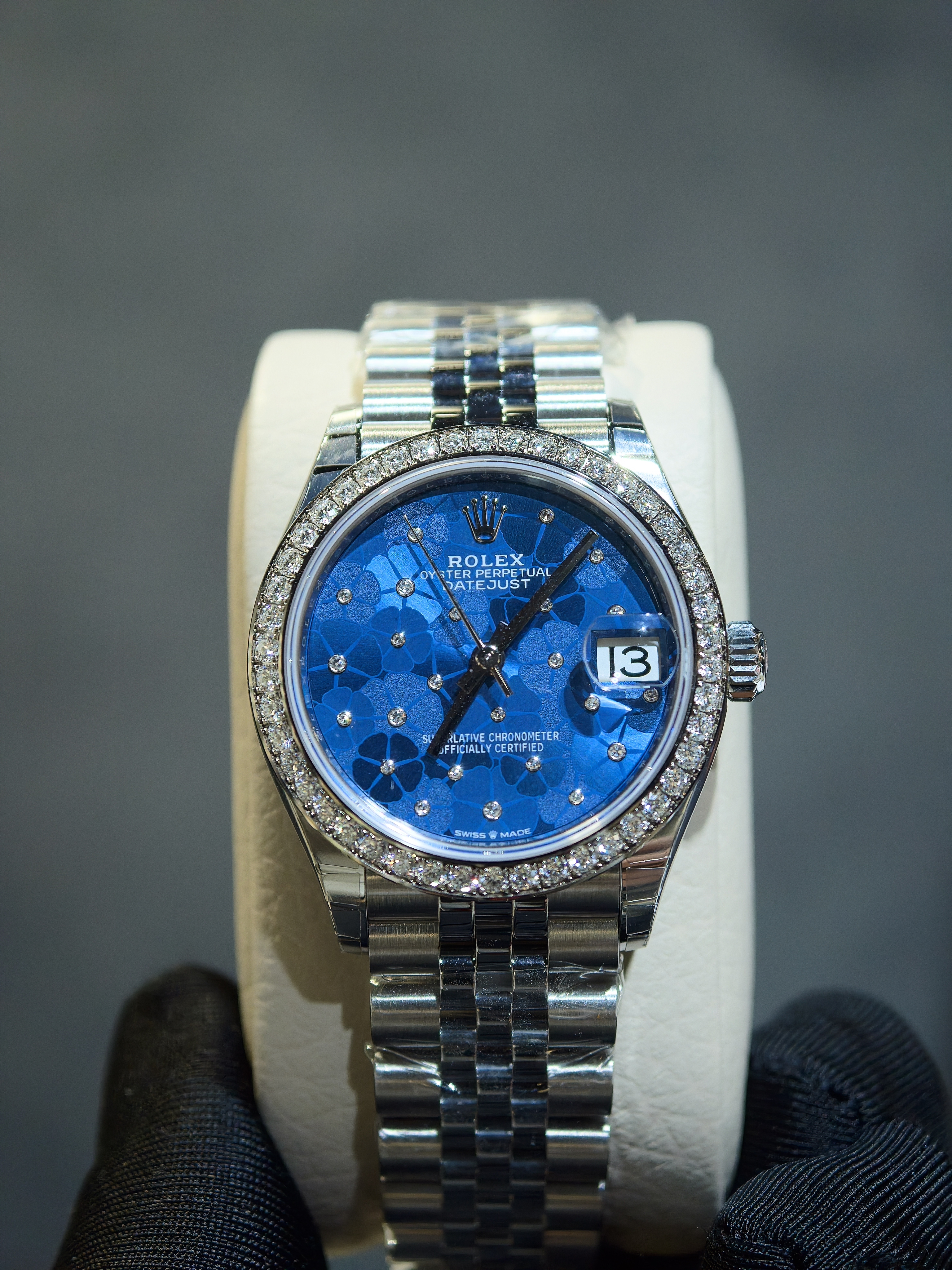 停產全新勞力士278384 278384rbr 藍色花朵面鑲鑽白金鋼DATEJUST 31毫米珠帶腕錶