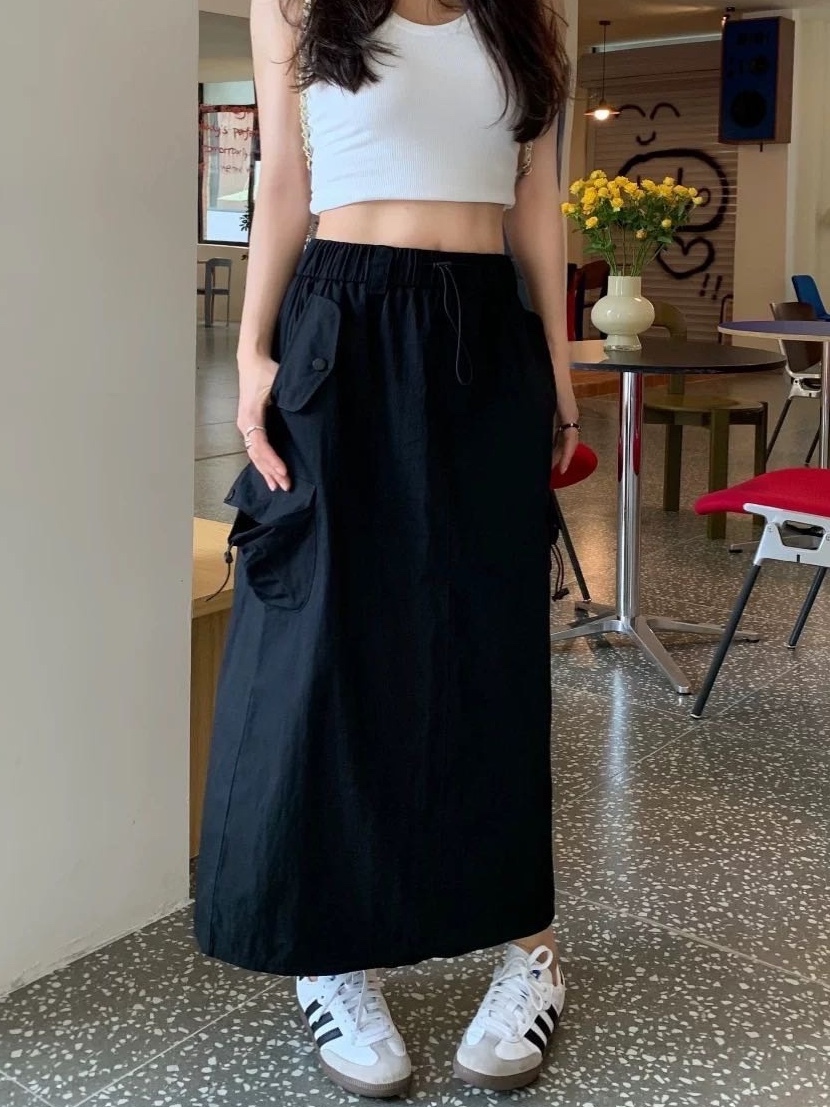 束腰口袋鬆緊工裝長裙