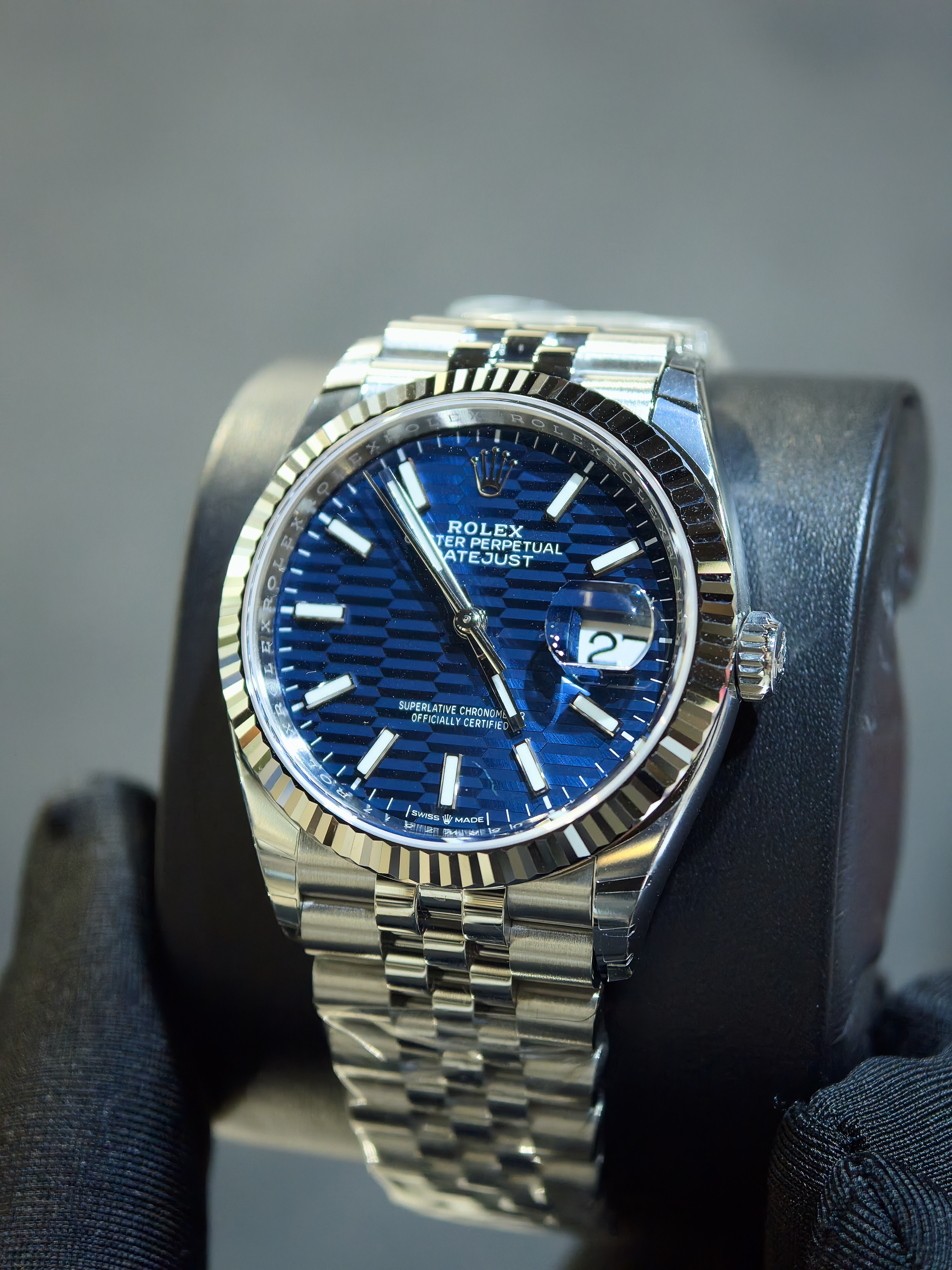 DISCONTINUED BRAND NEW ROLEX 126234 BLUE FLUTED-MOTIF DIAL WHITE GOLD STEEL DATEJUST 36 JUBILEE STRAP