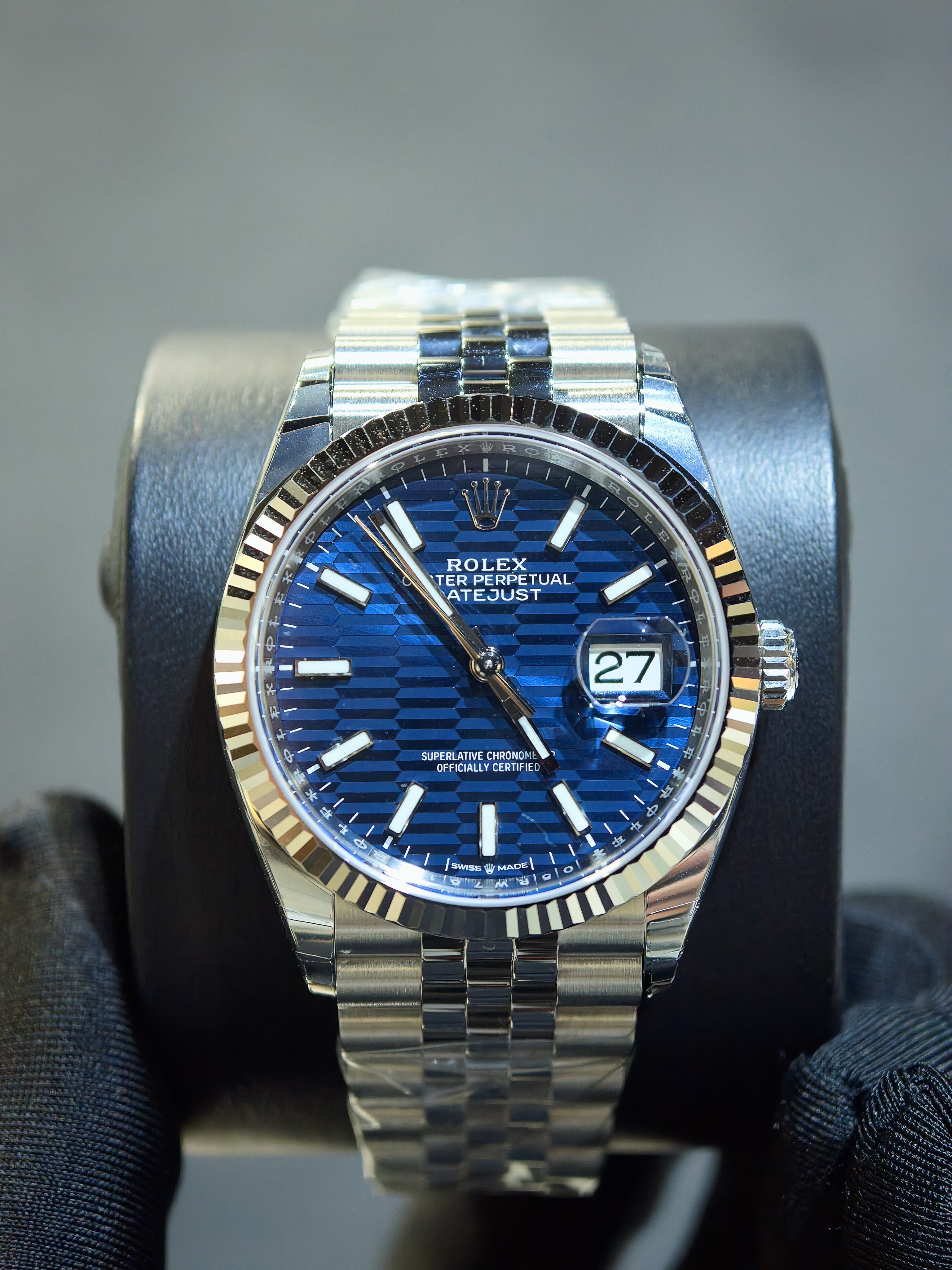 DISCONTINUED BRAND NEW ROLEX 126234 BLUE FLUTED-MOTIF DIAL WHITE GOLD STEEL DATEJUST 36 JUBILEE STRAP
