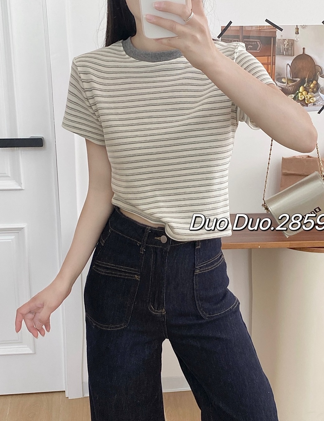 配色條紋合身棉質上衣