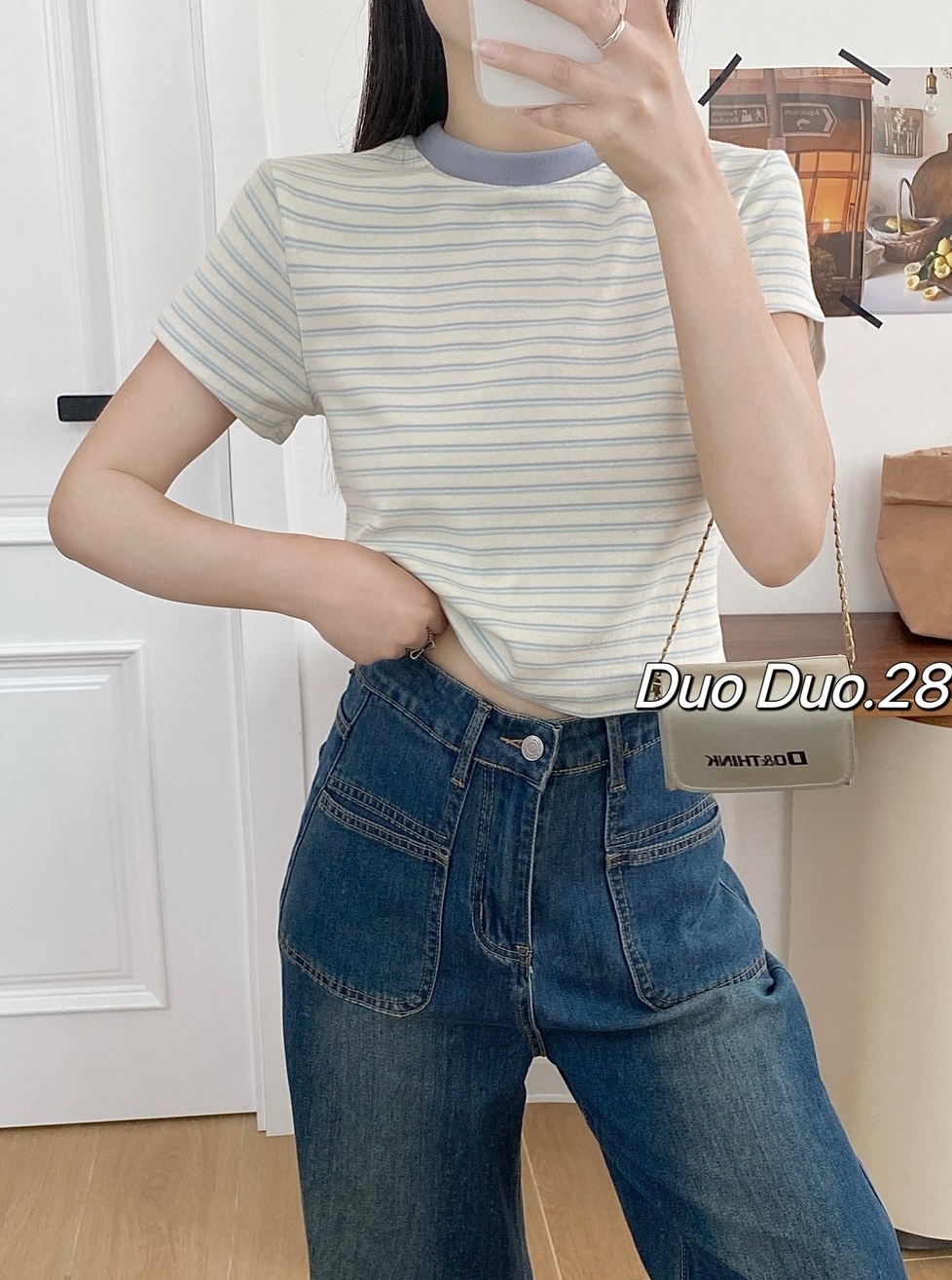 配色條紋合身棉質上衣