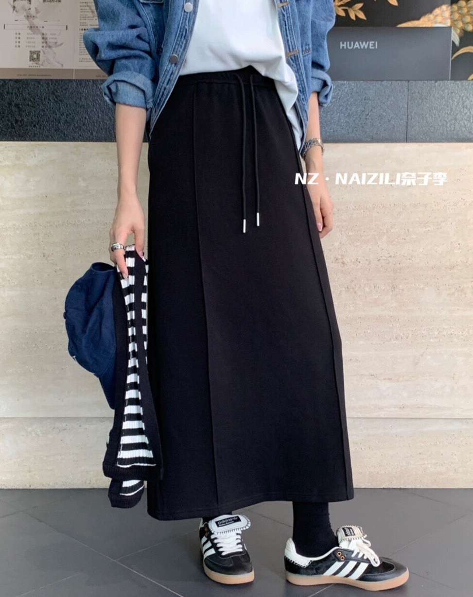 前壓線後開岔抽繩棉長裙