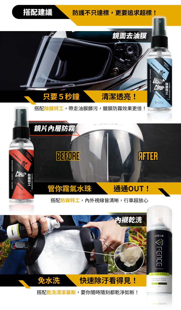 搭配建議產品推薦：去油膜、鏡片防霧、內襯乾洗