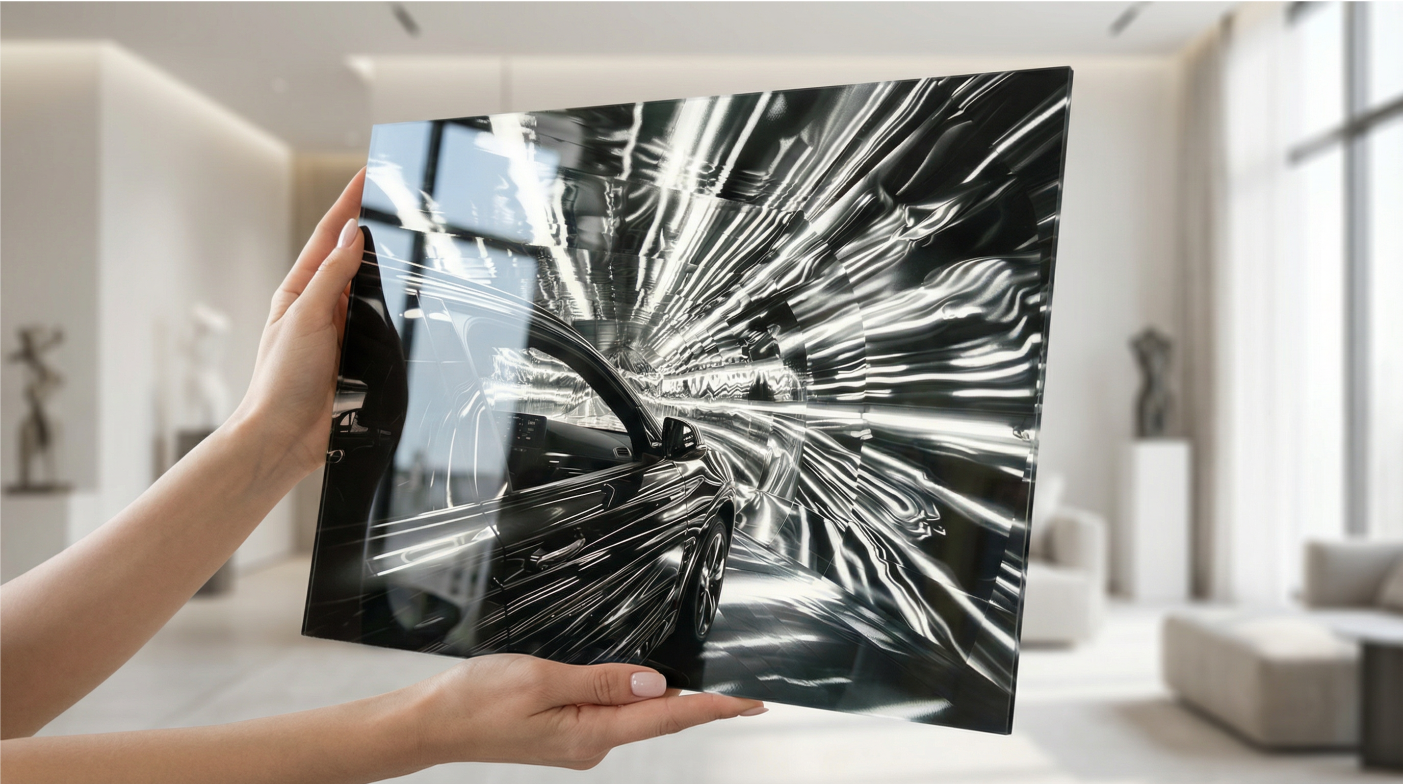 手持 Krystalo 晶彩畫 ，畫中呈現一輛在光影隧道中穿梭的汽車，充滿動感與科技感