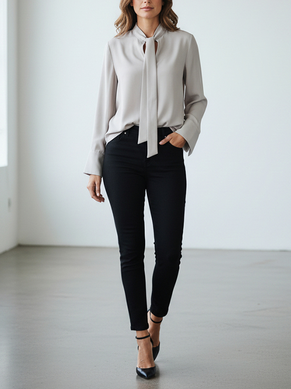 TELA領巾V領絲襯衫(米灰)