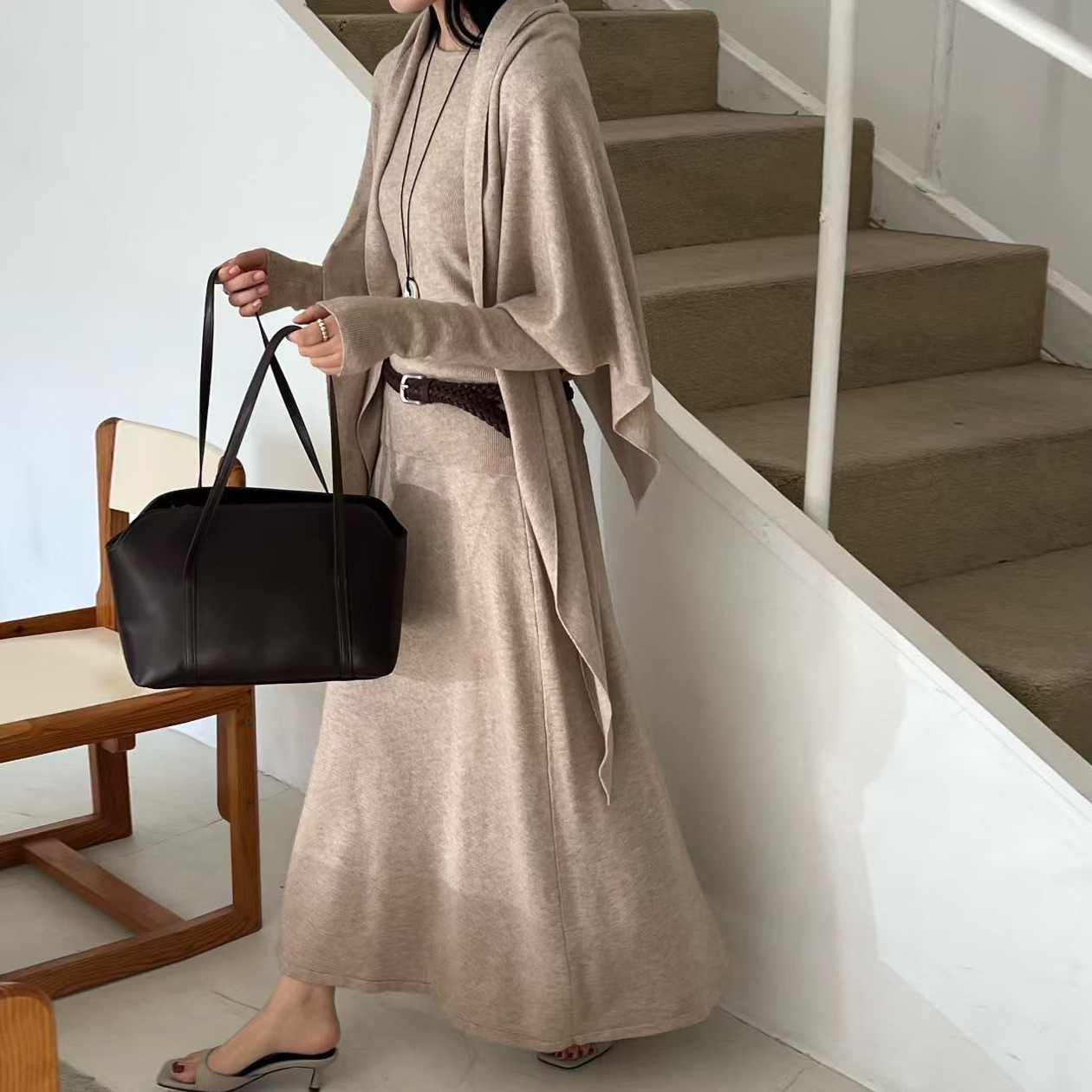 簡約感圓領上衣+披肩+長裙SET / 3色