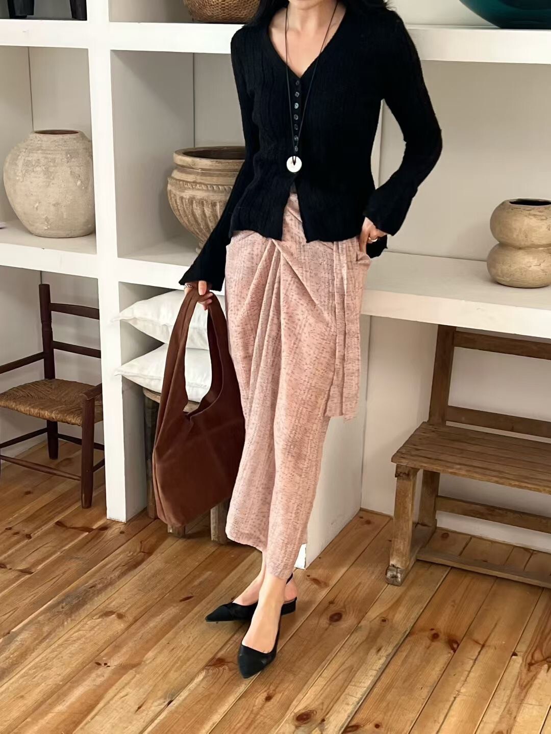 溫柔女子寬螺紋V領排釦上衣小罩衫 / 4色