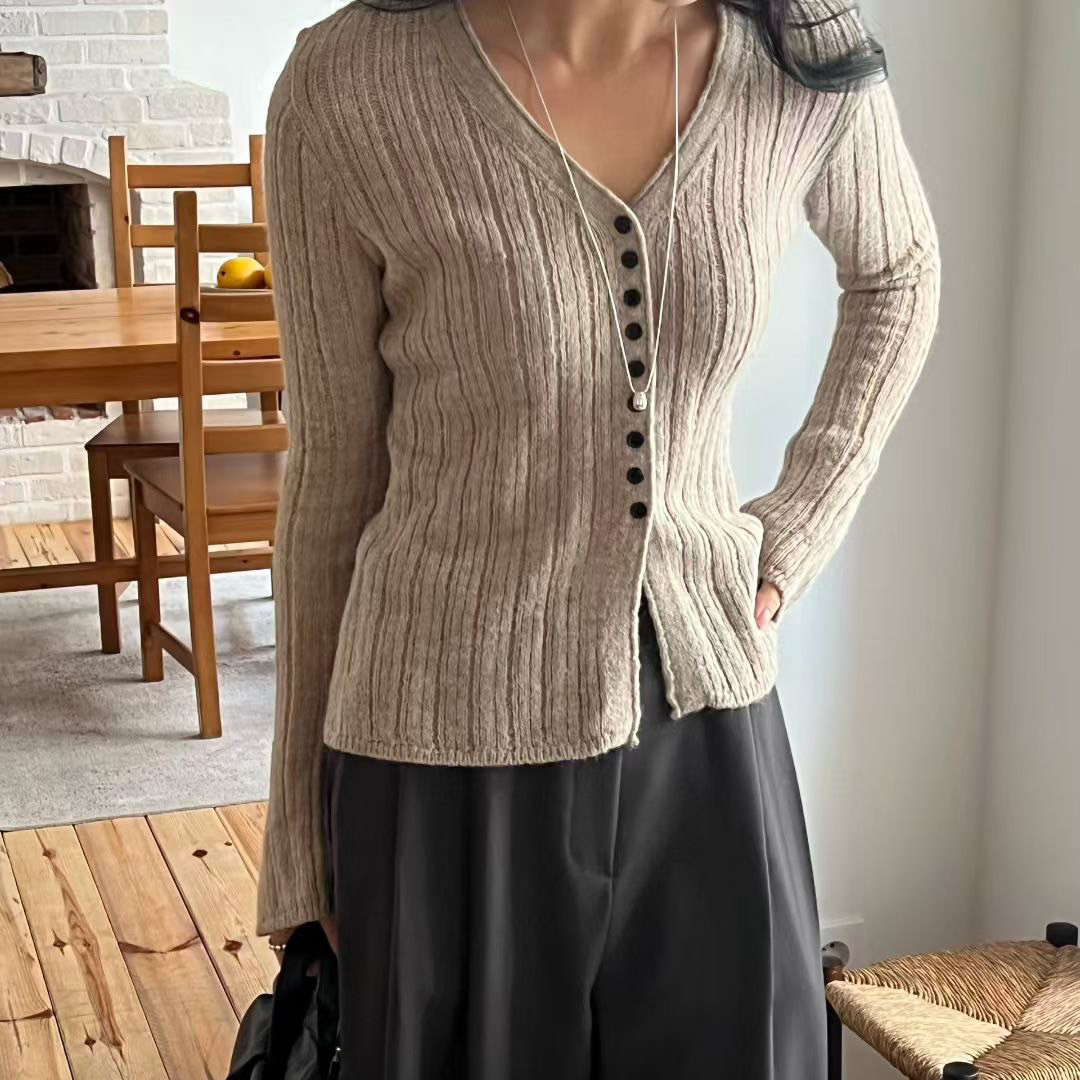 溫柔女子寬螺紋V領排釦上衣小罩衫 / 4色