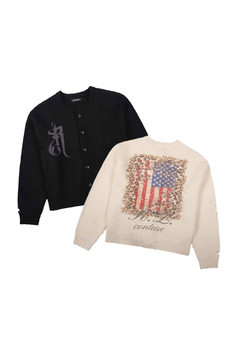 REGEN ZONE 25FW「SIAU」豹纹海軍國旗開襟毛衣