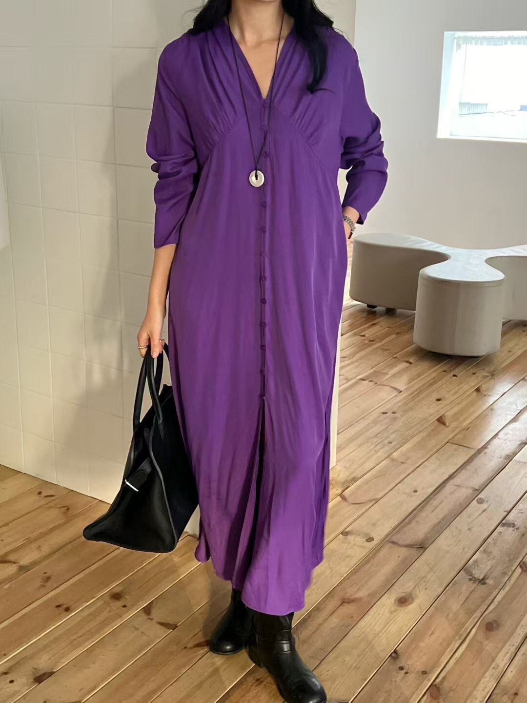 女神風格排釦後綁帶造型V領長洋裝罩衫 / 3色