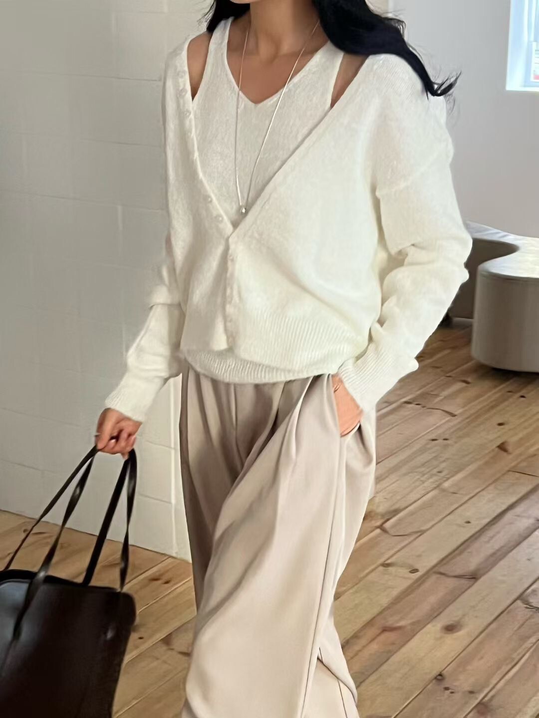 草莓牛奶V領排釦罩衫外套+V領背心SET / 3色