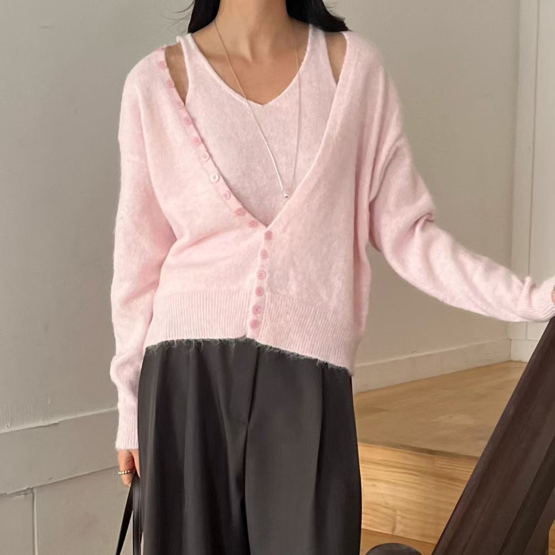 草莓牛奶V領排釦罩衫外套+V領背心SET / 3色