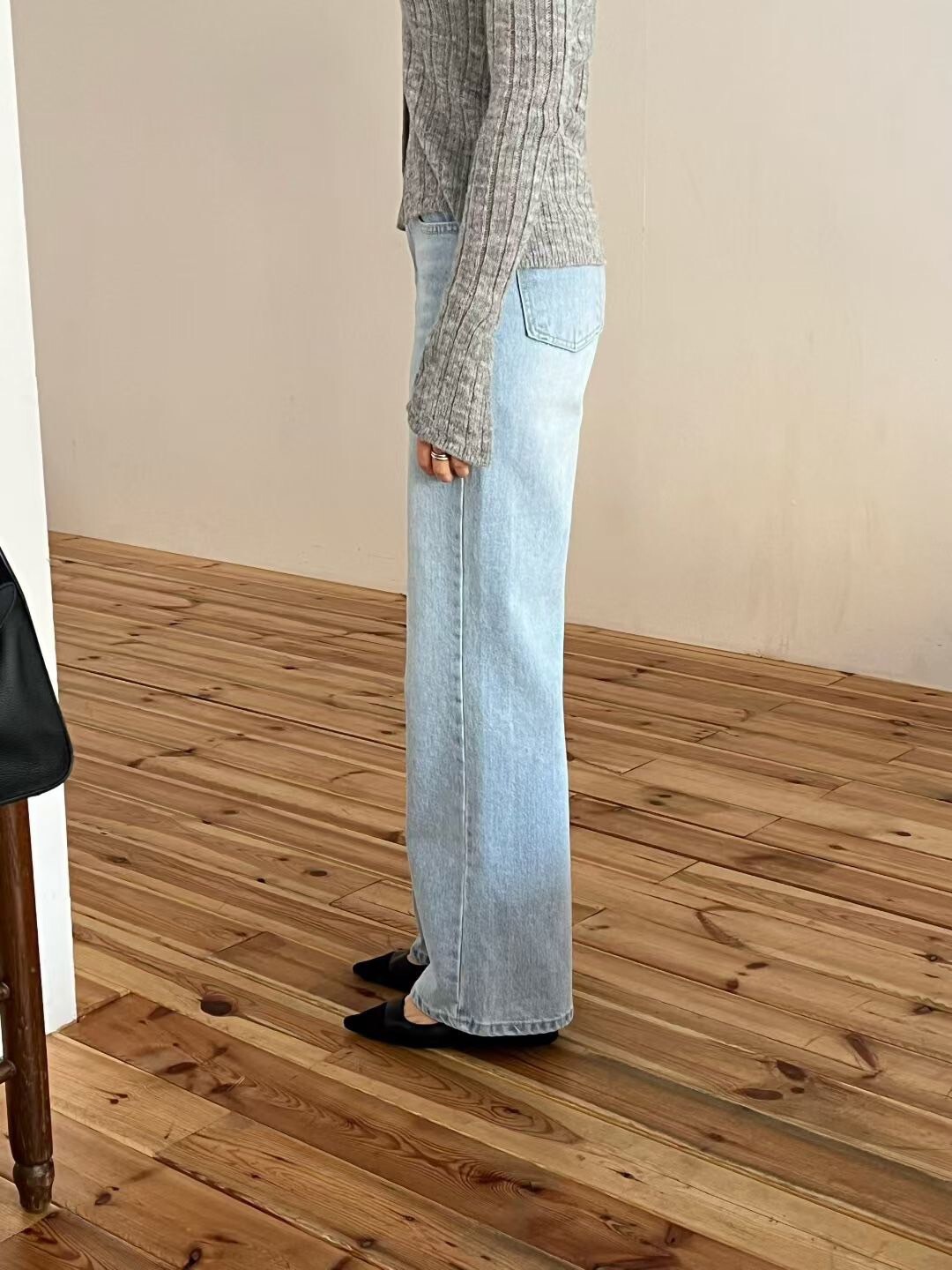 復古淺天藍刷色感直筒牛仔褲-S-L