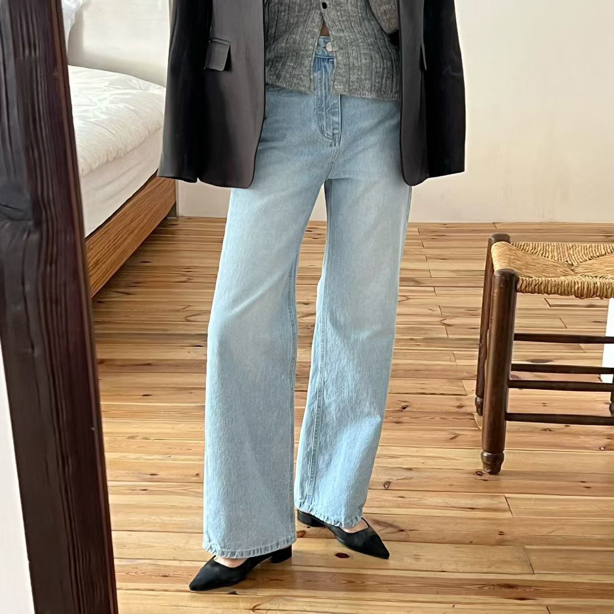 復古淺天藍刷色感直筒牛仔褲-S-L
