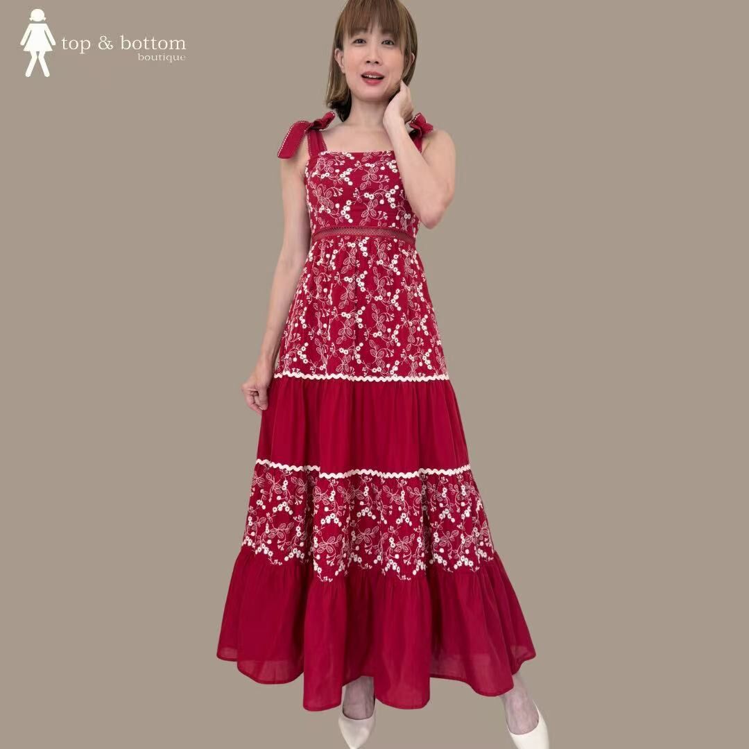 STRAP EMBROIDERY TIERED LONG DRESS