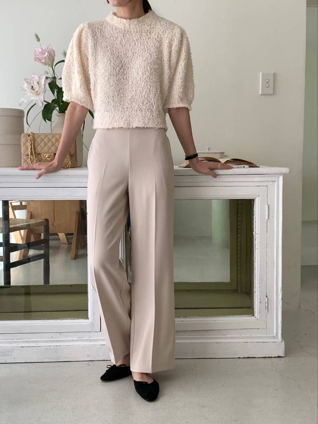 後腰鬆緊打褶感直筒西裝褲長褲-S-L / 2色