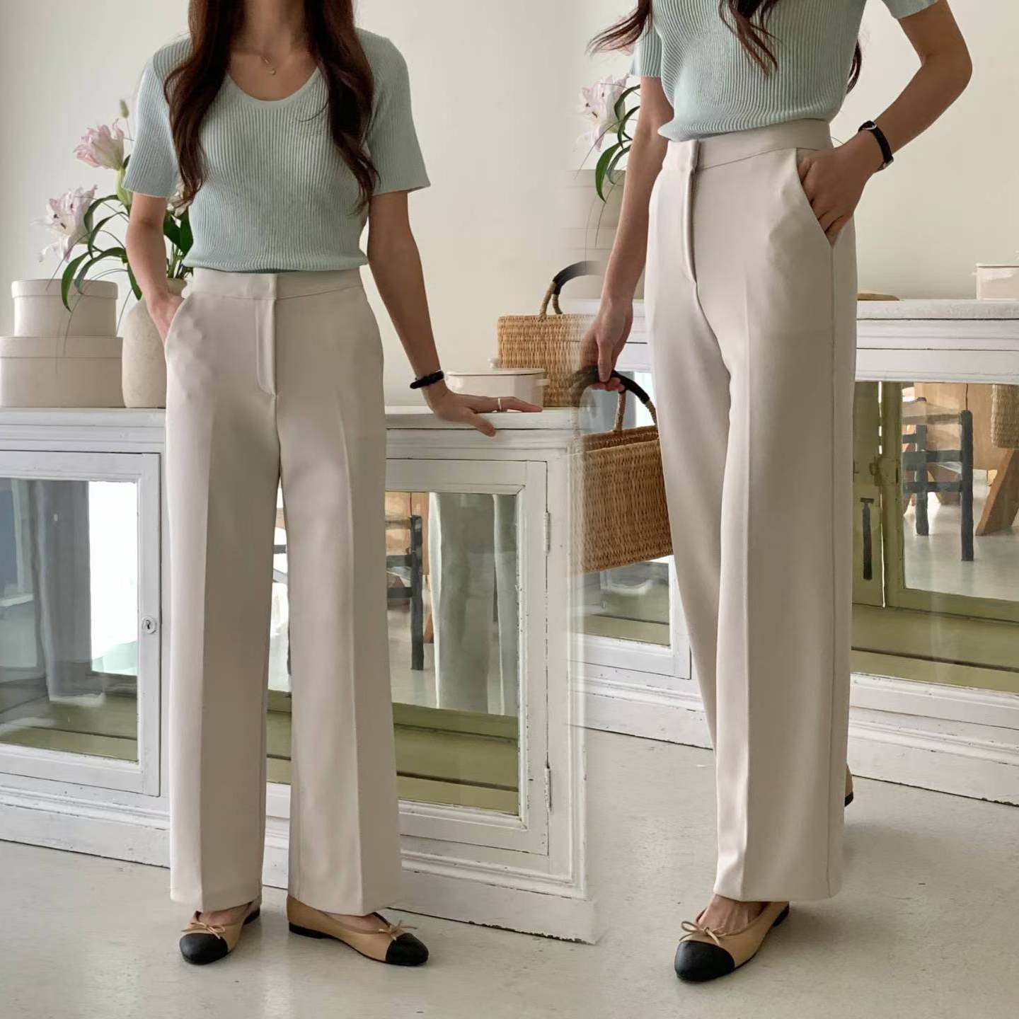 修身長腿打褶直筒西裝褲長褲-S-L / 2色