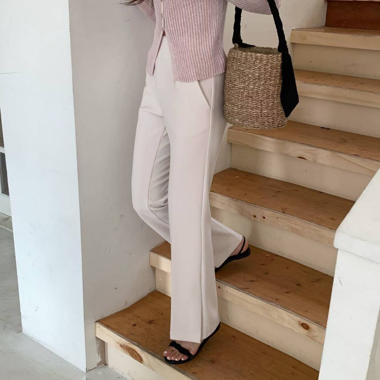 鬆緊高腰長腿側開衩造型喇叭褲S-XL / 2色