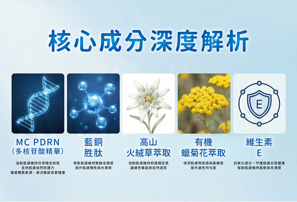 珂芮爾防曬保養成分：添加 MC PDRN、藍銅胜肽與有機蠟菊萃取，舒緩肌膚乾燥不適，維持肌膚彈性與光澤感
