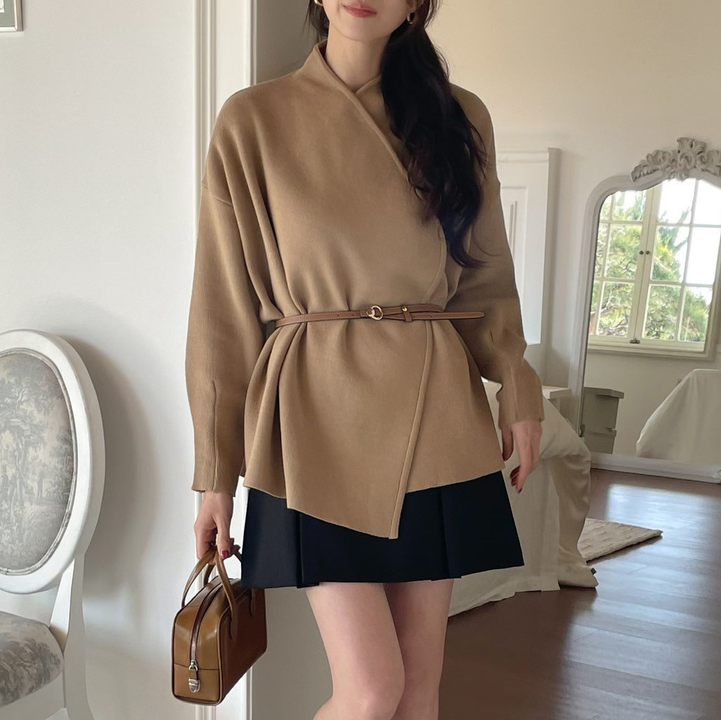 交疊V領造型落肩毛呢外套-附皮帶 / 3色