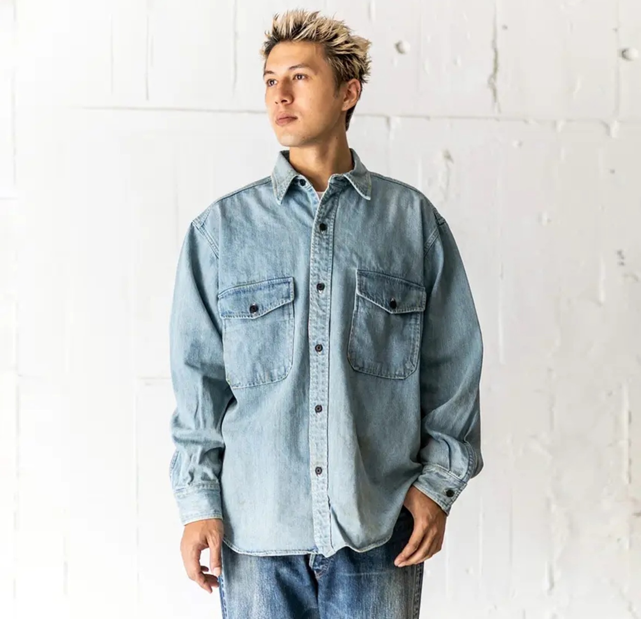 LAST PCS: A.PRESSE VINTAGE DENIM CPO SHIRT L/S - BLEACH SIZE 2 PRE ORDER ITEM (預訂中)