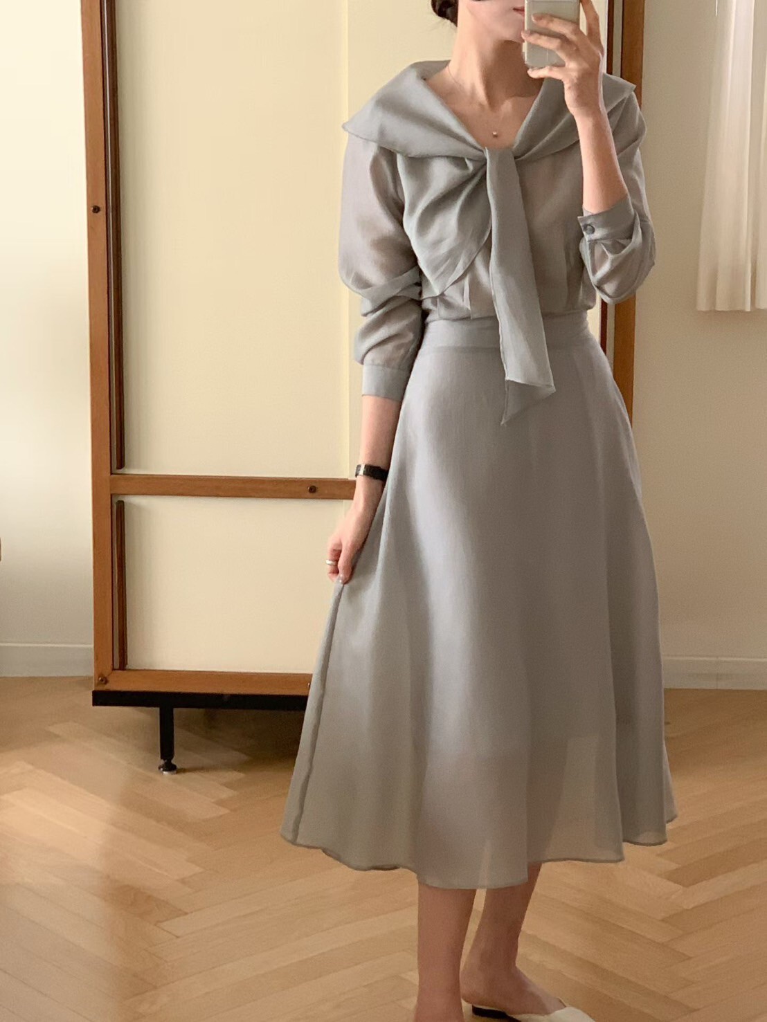 氣質感綁帶領巾上衣+同色系長裙SET-S-M / 3色