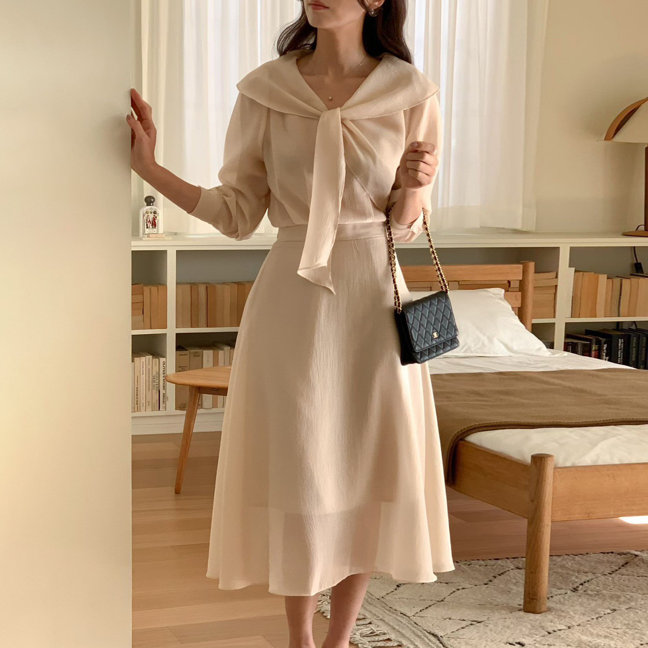 氣質感綁帶領巾上衣+同色系長裙SET-S-M / 3色