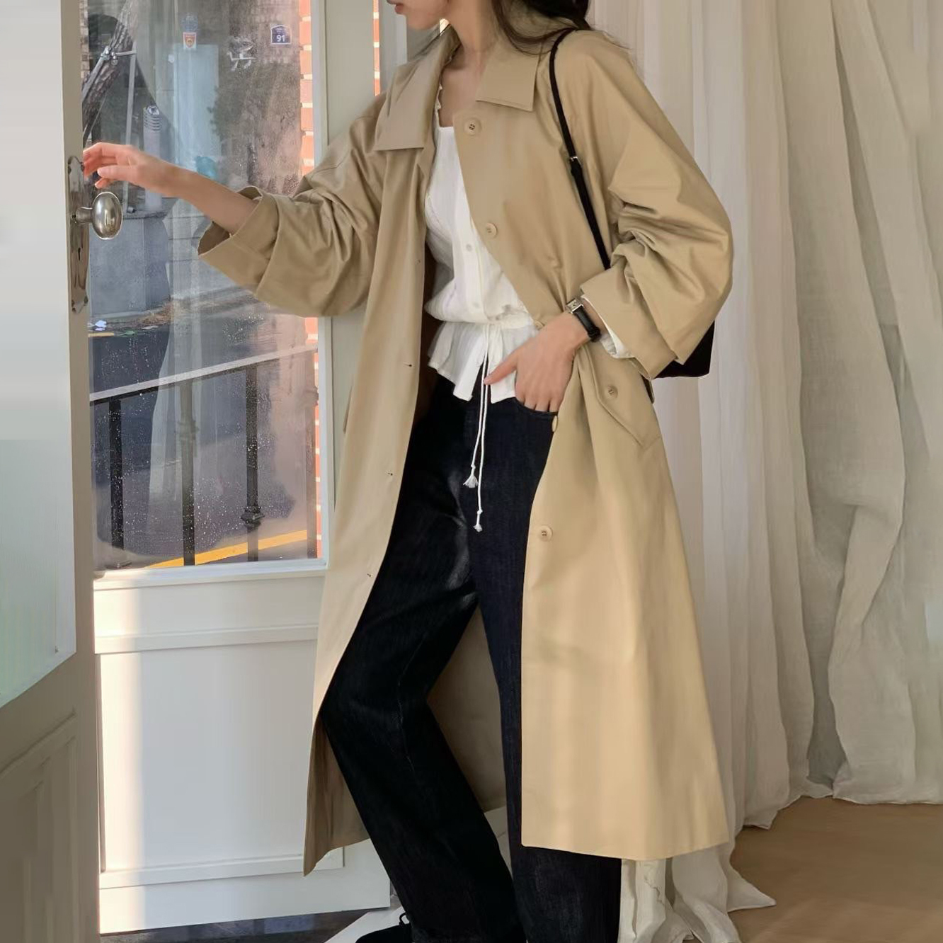 英倫風寬鬆感翻領排釦長版風衣外套 / 2色