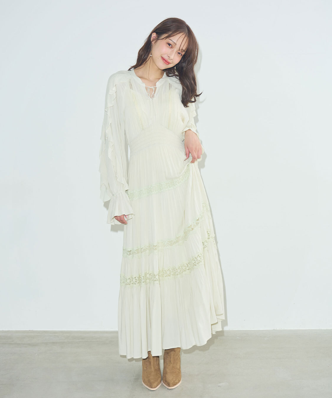 [預購] COCO DEAL 荷葉蕾絲裝飾長洋裝