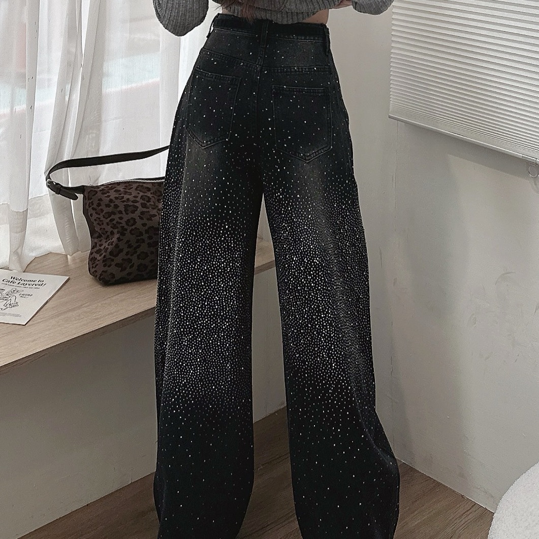 碎鑽綁繩牛仔寬褲