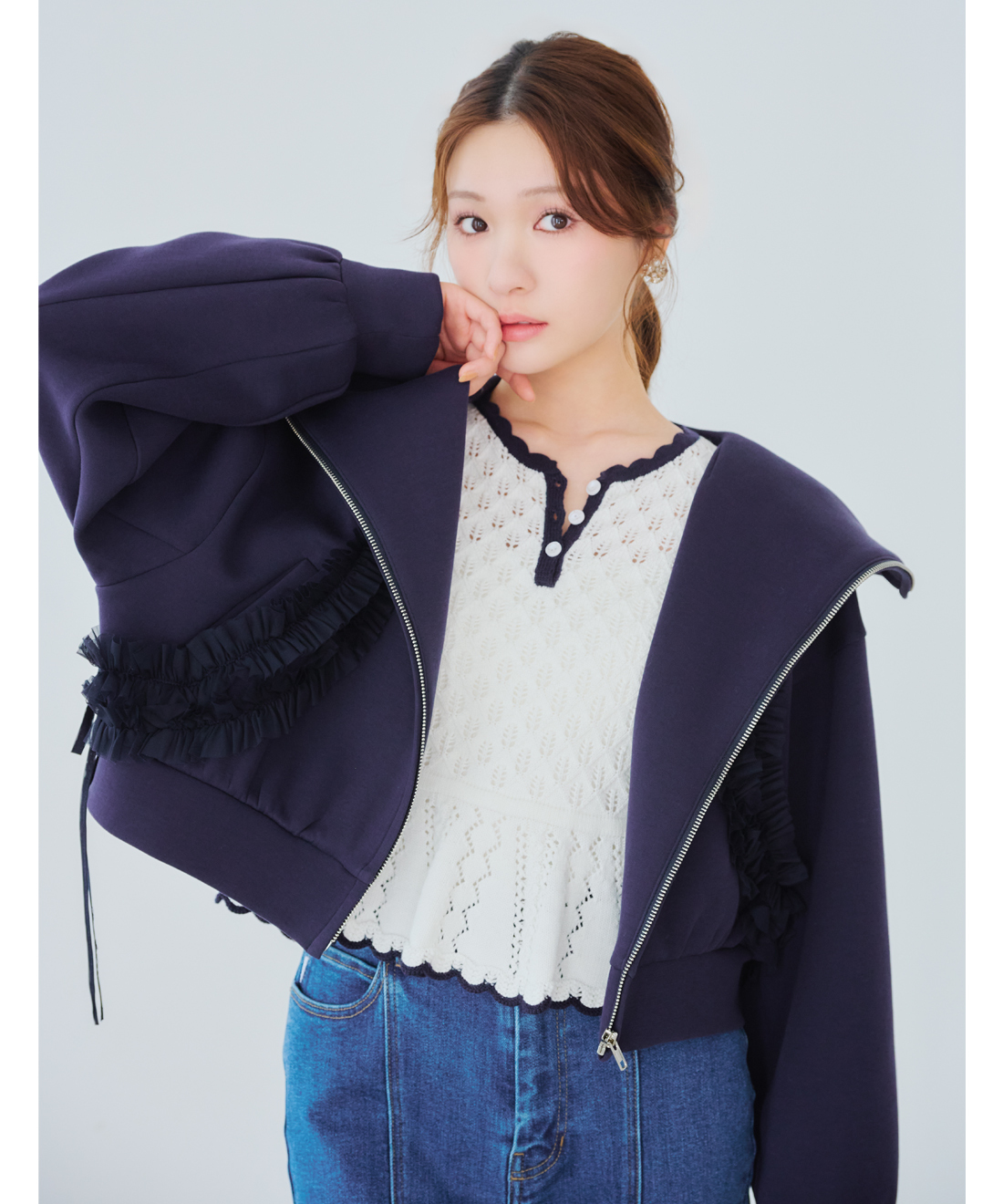 [預購] LILLIAN CARAT 薄紗荷葉邊拼接連帽外套