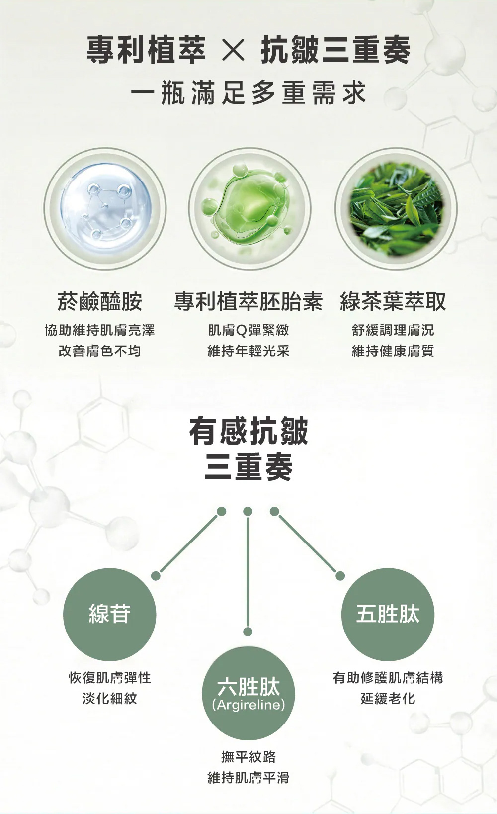 抗皺與亮白科研成分：結合菸鹼醯胺、六胜肽與五胜肽，協同撫平紋路、緊緻肌膚並維持彈性光采