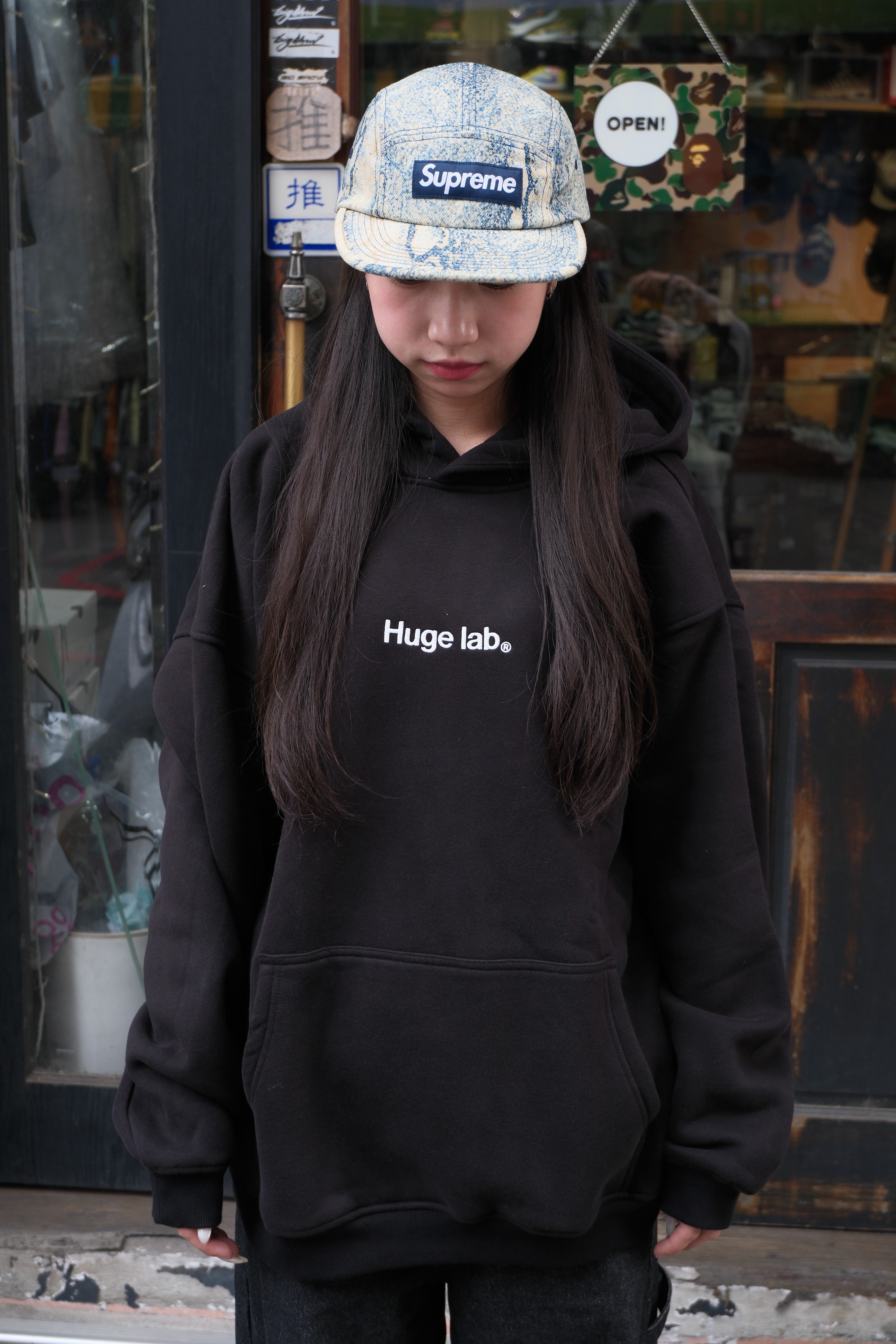 Huge Lab. 高磅數刺繡 落肩保暖刷毛帽T