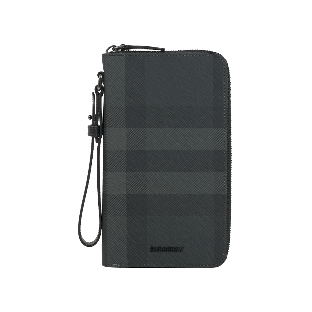 【Burberry】經典格紋附可拆提把拉鍊旅行長夾(炭灰色)