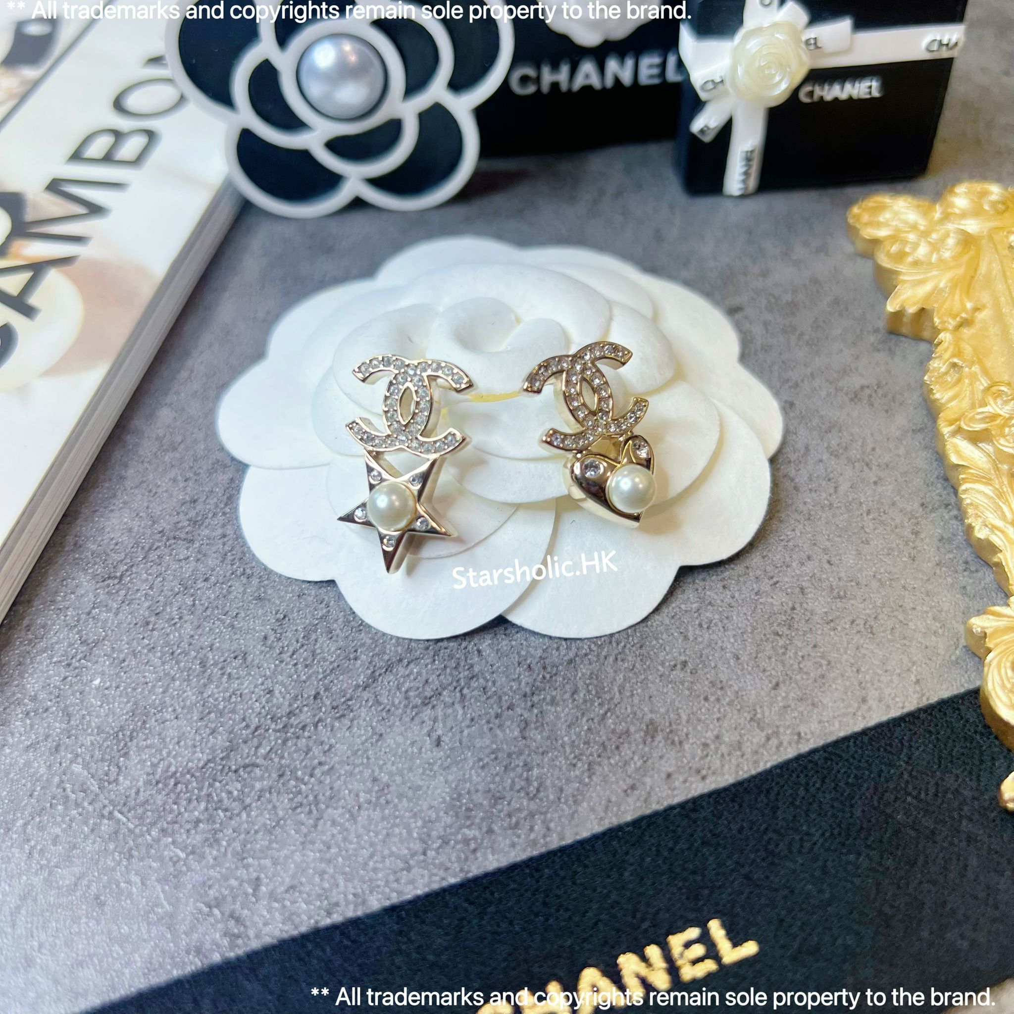 CHANEL 星星心心珍珠 CC Logo Earrings