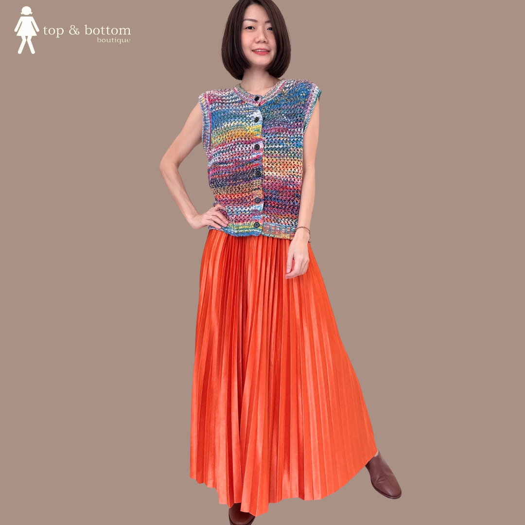 ELASTIC WAISTED GLOSSY PLEATED LONG SKIRT