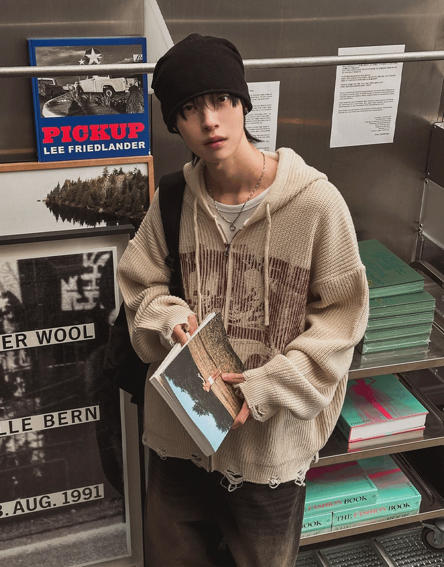 汽車印花連帽拉鍊針織衫