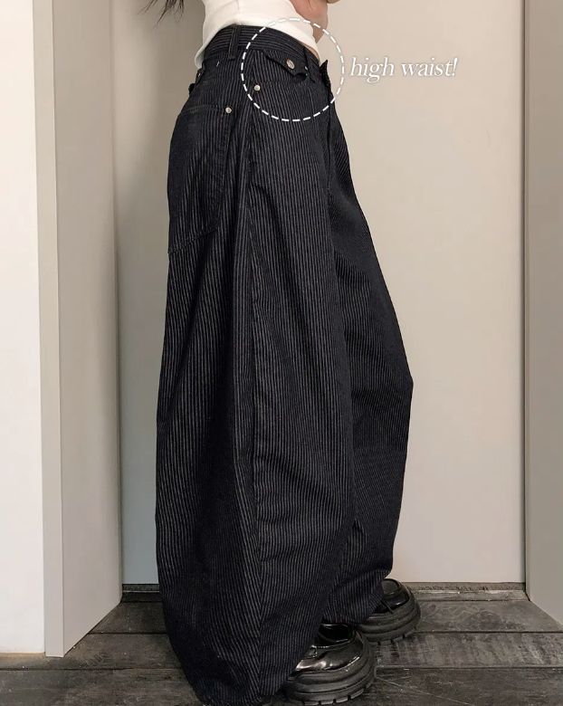 春季預訂｜高腰條紋後扣寬褲