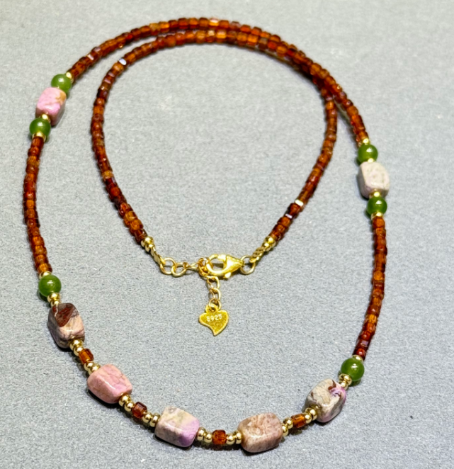 UY039 A39 櫻花粉設計款項鍊 紫舒5mm 橙石榴石2mm S925銀 長度: 45+3CM