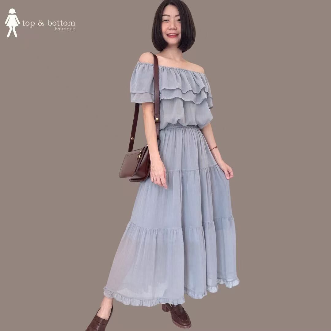 CHIFFON OFF SHOULDER TOP & LONG SKIRT SET SUIT (2PCS)