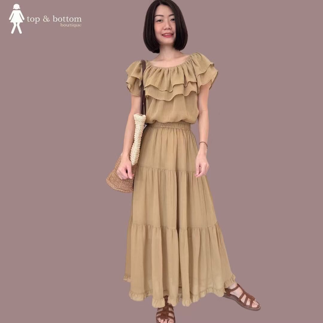 CHIFFON OFF SHOULDER TOP & LONG SKIRT SET SUIT (2PCS)