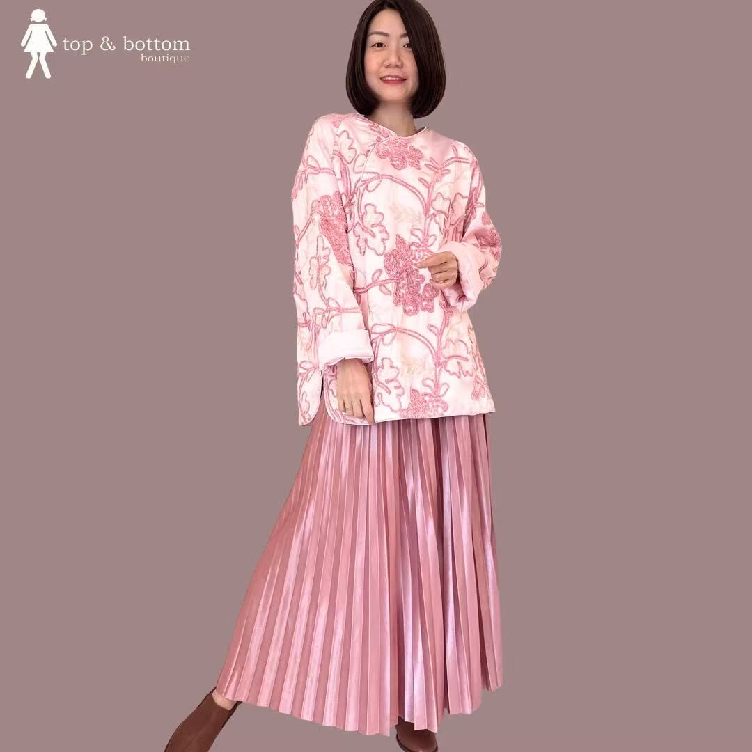 SATIN LONG SLEEVE LONG CHEONGSAM TOP WITH EMBROIDERY DETAILS